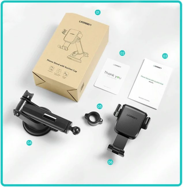 Mbajtëse telefoni për veturë UGREEN 60990, suction cup, gravity, 360°, për 4.7"-7", e zezë, në kuti