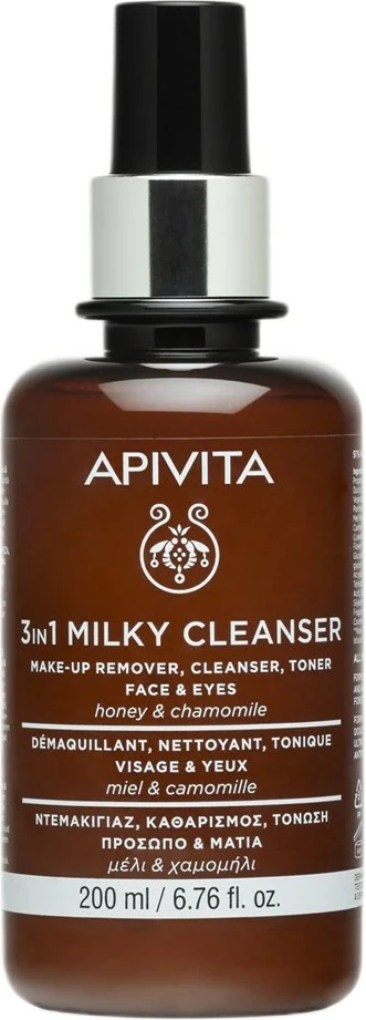 Pastrues qumështi fytyre dhe sysh për femra Apivita 3in1 Milky Cleanser Face & Eyes, 200ml