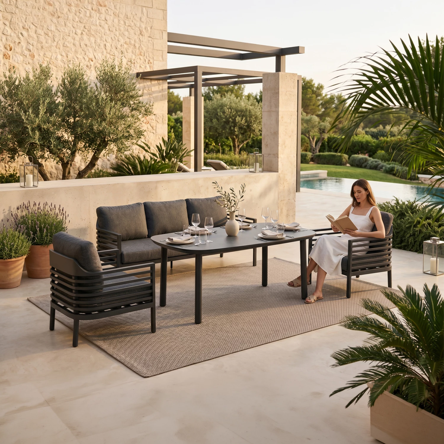 Set lounge 4 pjesësh WALES, alumin i errët, OLEFIN, tavolinë xhami 3D, gri