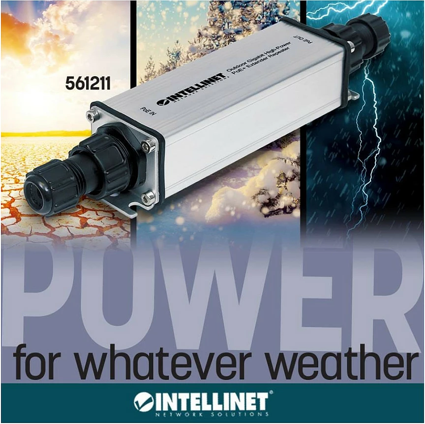 Zgjatues PoE+ Intellinet, Outdoor, Gigabit, High Power deri 100m, Zi/Gri