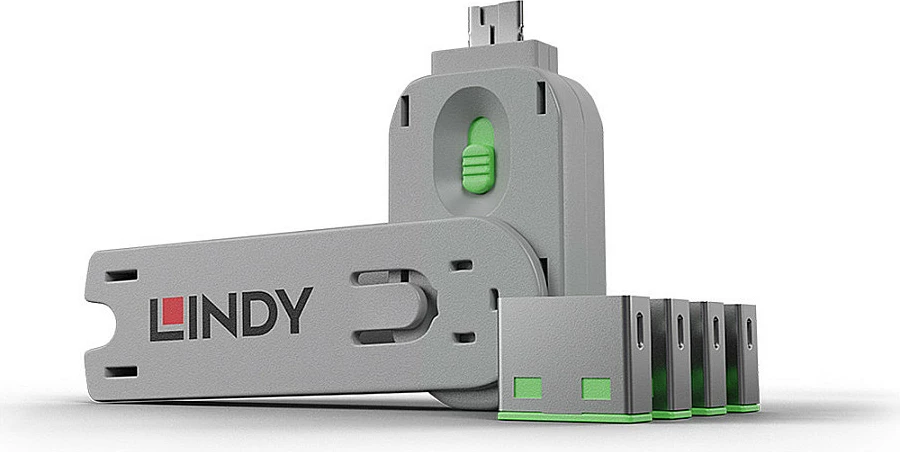 Bllokues porte USB-A LINDY, set 4 bllokues + çelës, i gjelbër