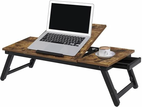 Tavolinë laptopi SONGMICS LLD110B01, me sirtar, e palosshme, me kënd të rregullueshëm (5 pozicione), për laptop deri 14.3\", 71x35x23 cm, kafe e errët rustike