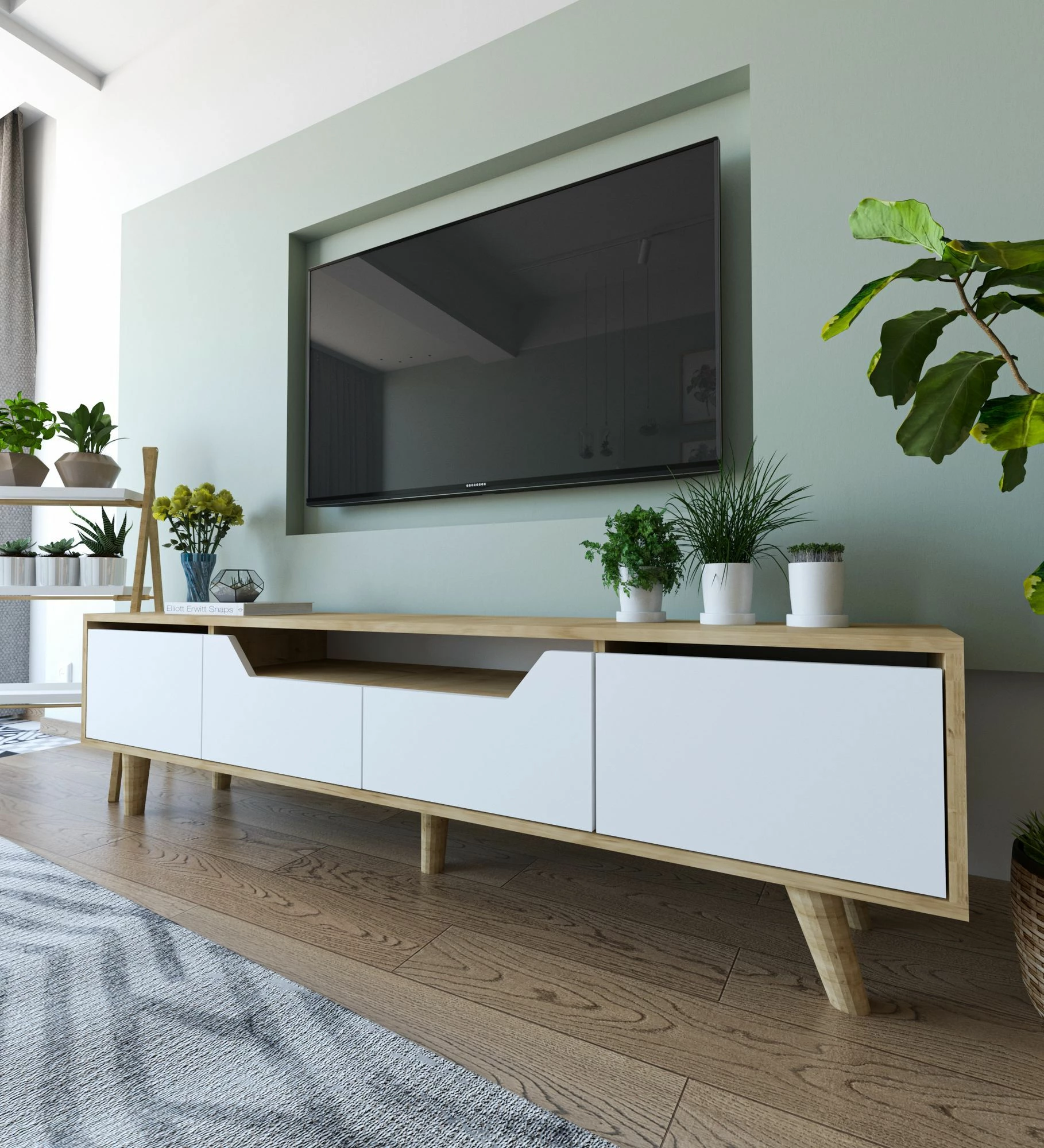 Komodë TV Skye Decor, Roma 180, ngjyrë lis safir dhe e bardhë