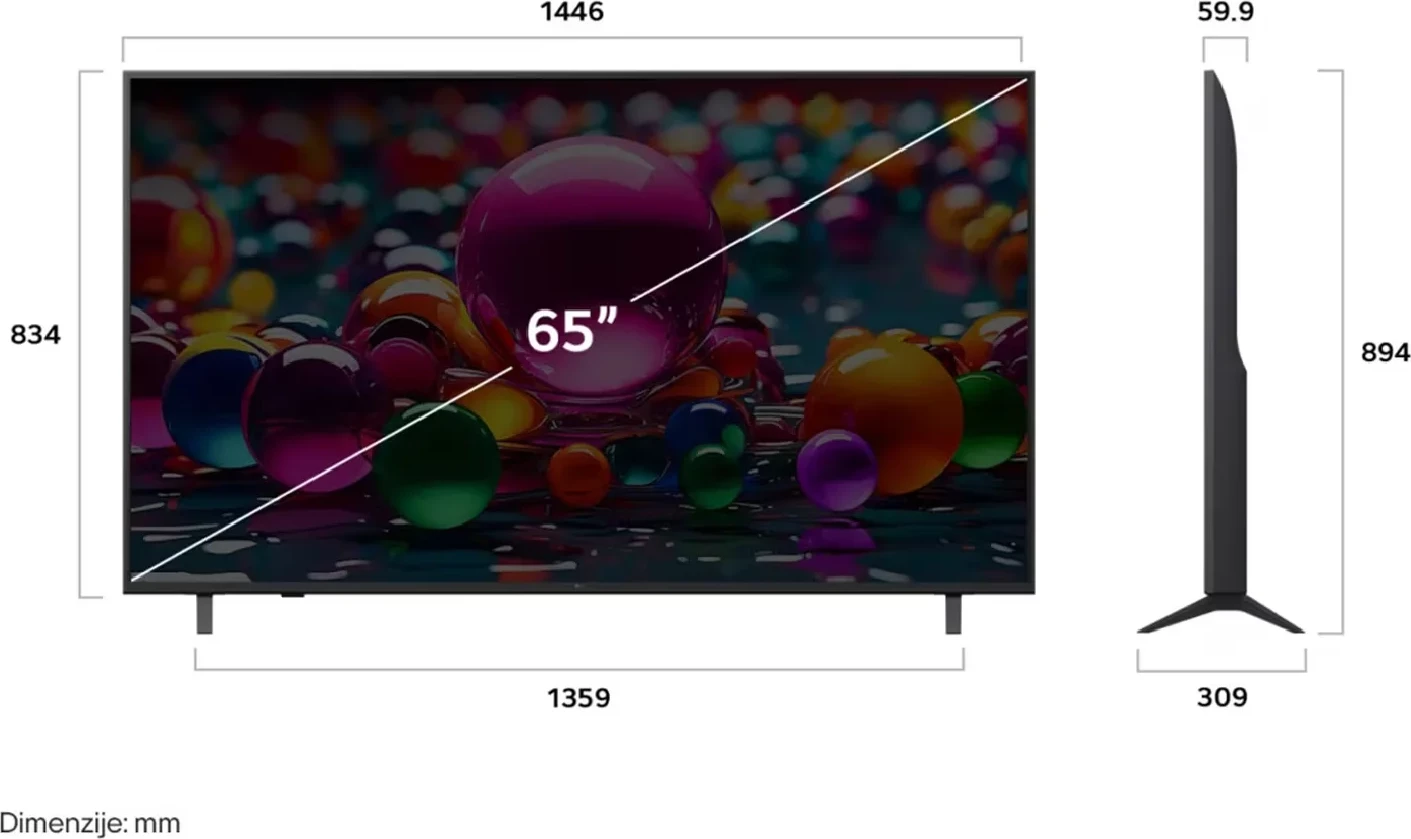 Televizor LED, LG, 65UA74003LB, 65" 4K UHD HDR10 Pro, Smart webOS 25, procesor AI α7 Gen8