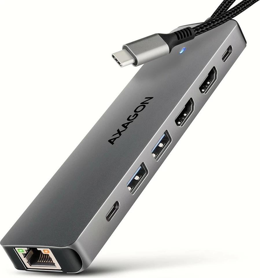 Multiport hub AXAGON HMC-7HX2, 7-në-1, 2x HDMI 4K/60Hz, 2x USB-A, 1x USB-C, GLAN, PD 100W, Gri