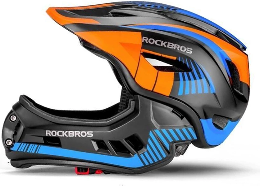 helmetë biçiklete fëmijësh Rockbros TT-32SOBL-S, full-face me mjekër të heqshme, rregullim 360°, S (48-54 cm), e zezë dhe portokalli