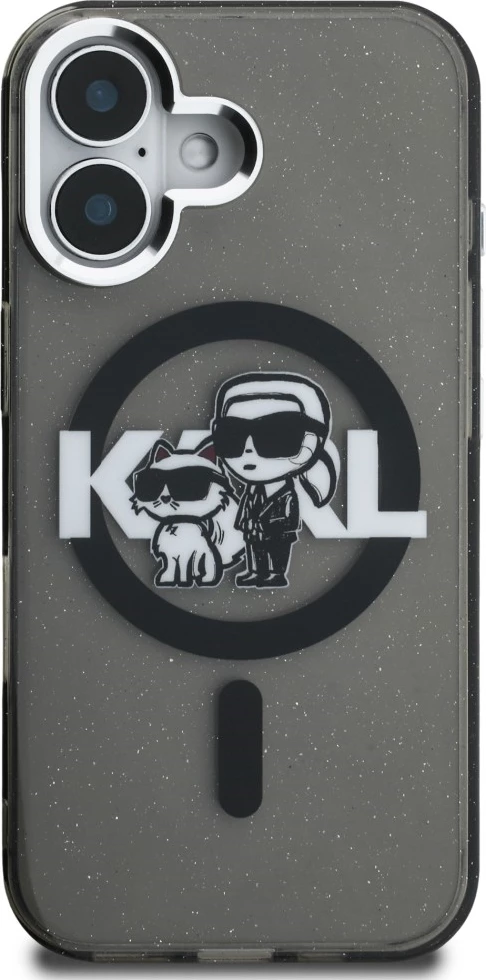 Mbështjellës MagSafe Karl Lagerfeld IML Glitter Karl & Choupette Sketch Logo për iPhone 16, i zi, në kuti