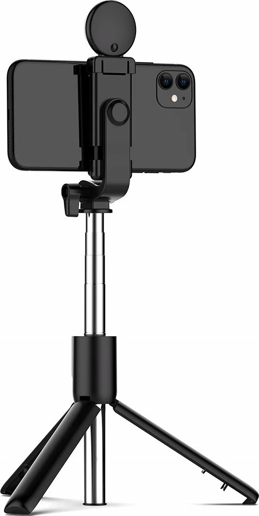 Selfie stick Hurtel WH1YXS teleskopik tripod 103 cm me llambë rrethore LED, mbajtës telefoni dhe Bluetooth remote, i zi