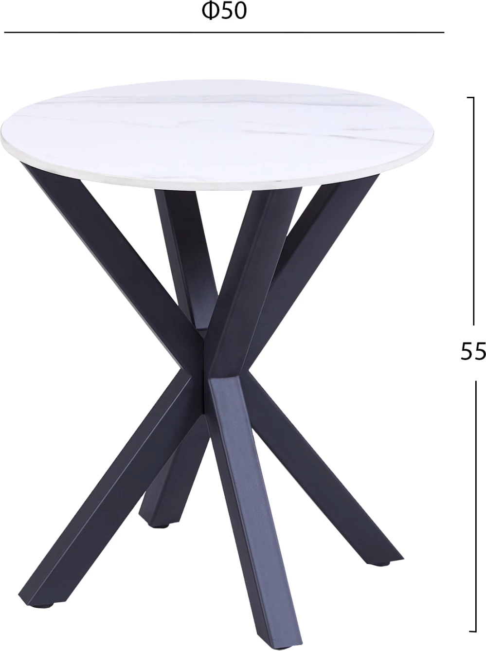 Tavolinë anësore e rrumbullakët, FH9473.06, sipërfaqe mermeri të bardhë dhe këmbë metalike të zeza, Φ50x55H cm