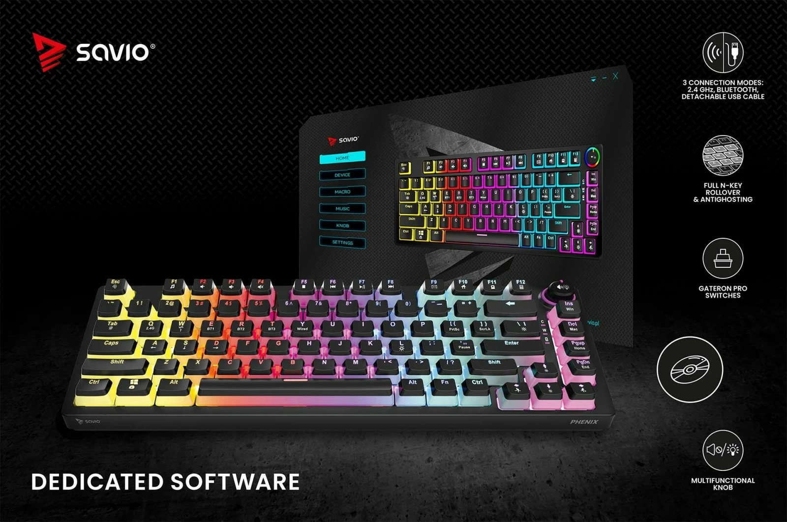 Tastierë mekanike wireless Savio PHENIX, Gateron Red Pro, Pudding, e zezë