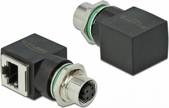 Adapter Ethernet industrial DeLOCK 66312, M12 femër në RJ45 femër, Cat5e, i zi
