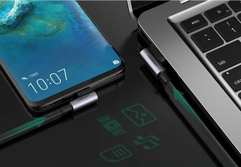 Kabllo USB-A në USB-C Ugreen 20855B 0.5 m Quick Charge 3.0 prizë 90° 3A e gërshetuar, e zezë