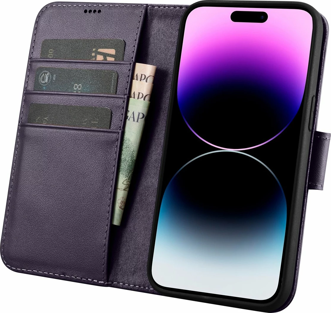 Mbështjellës iCarer Wallet Case 2in1 për iPhone 14 Pro, lëkurë natyrale, Anti-RFID, Vjollcë e errët