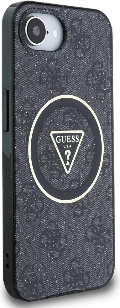 Mbështjellës Guess IML Metal Glitter 4G Circle Triangle MagSafe për iPhone 16e, i zi
