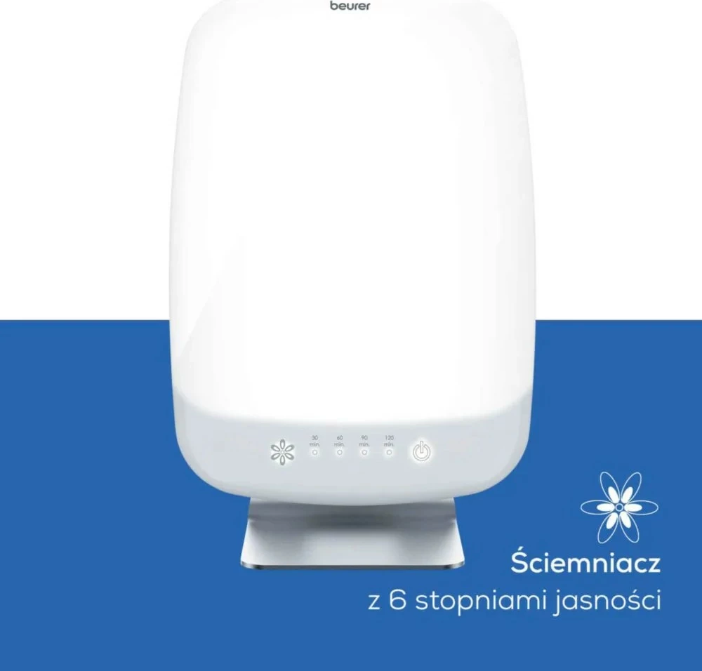 lampë dite, Beurer TL95, LED 10000 lux, sipërfaqe 30×37 cm, timer 30/60/90/120 min, e bardhë/argjendtë