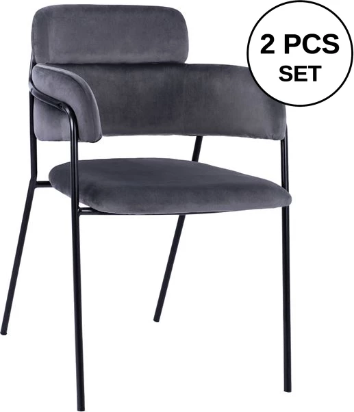 Fotelje Kelso FH8521.01 Kadife Gri e Errët & Këmbë të Zeza 52,5x52x80 cm, set prej 2 copash