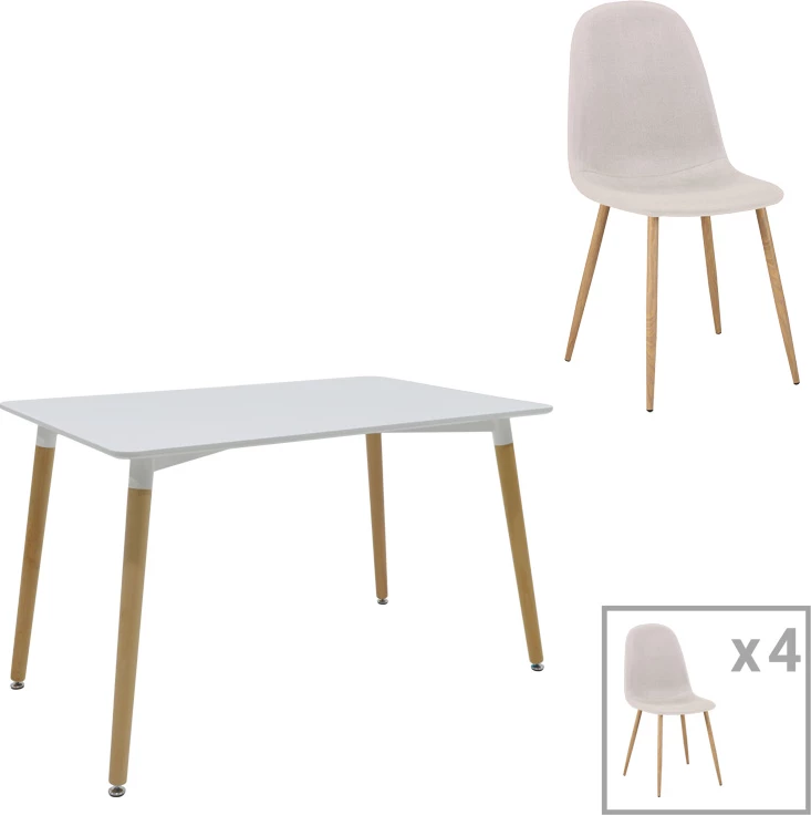 Set tavolinë me karrige Bella-Natali, MDF i bardhë, këmbë natyrale, 120x80x76cm, 5 copë