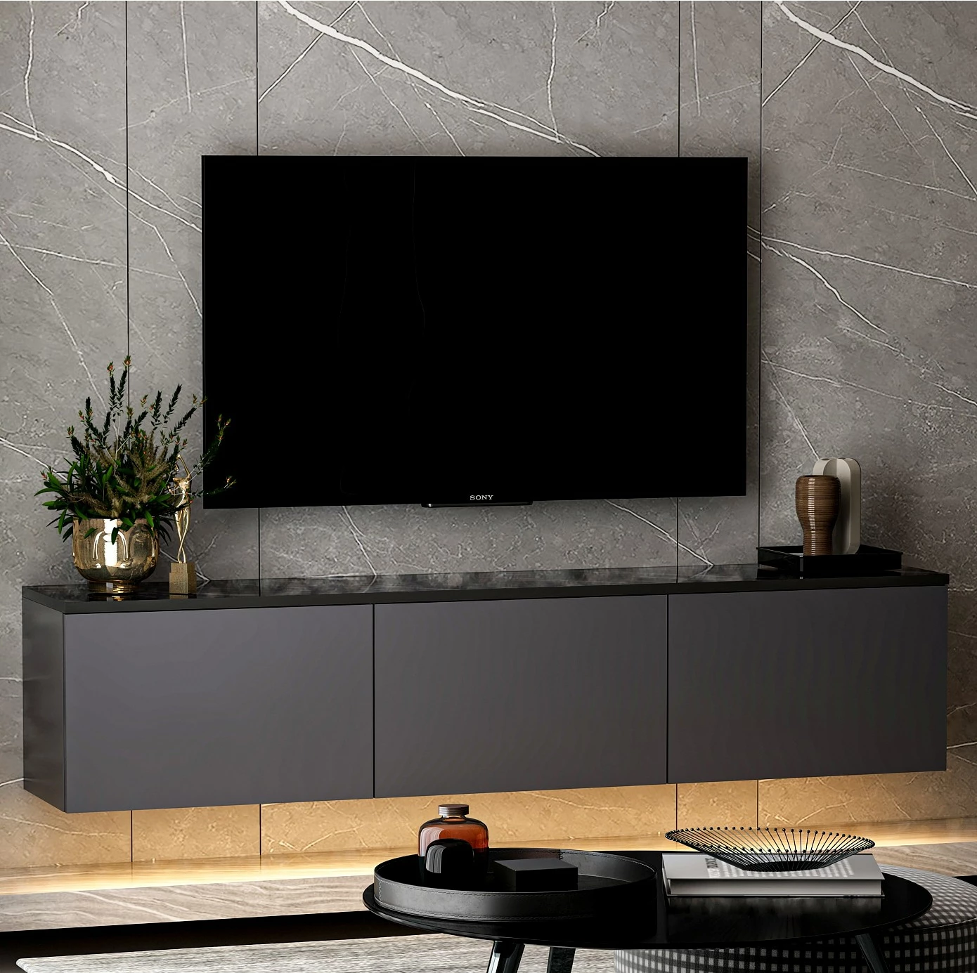 Komodë TV me ndriçim neon, ngjyrë antracit, Skye Decor
