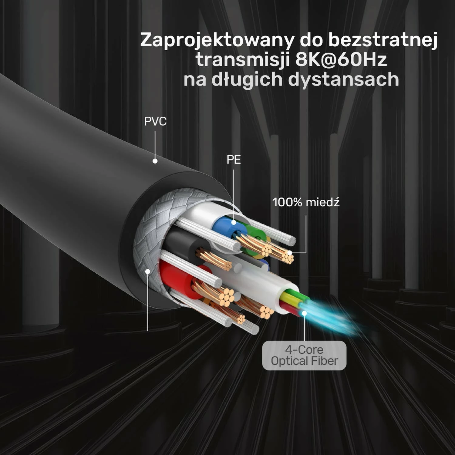 Kabëll optik HDMI Unitek 2.1 AOC 8K 120Hz 60m, zi-argjendtë