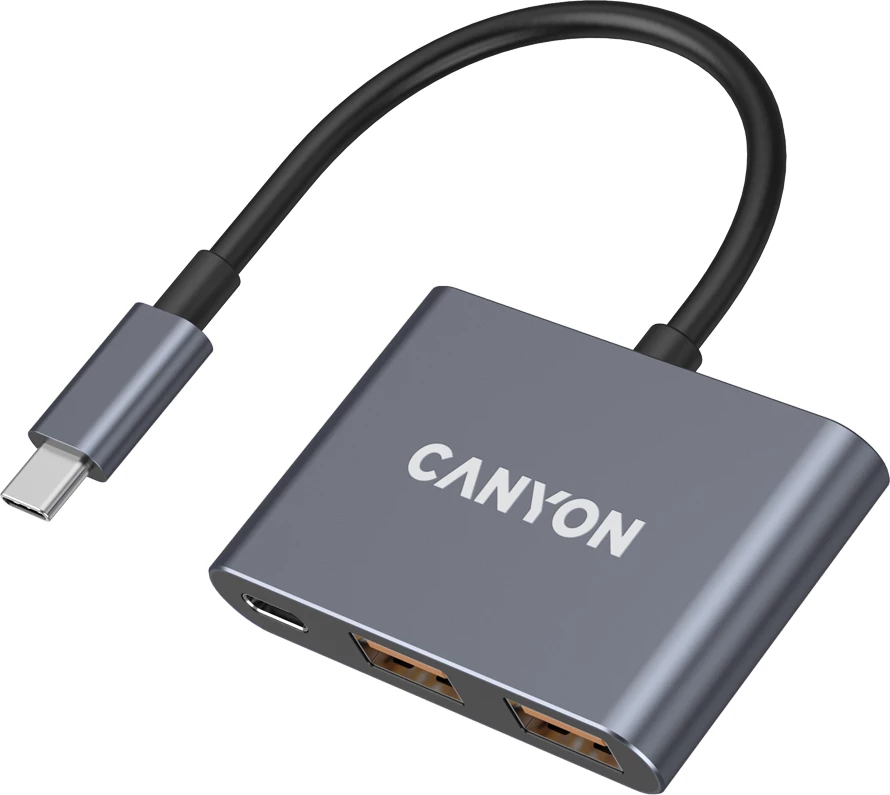 USB-C hub CANYON DS-3 3n1, USB 3.2 Gen 2, 2x USB-A + 1x USB-C, kabllo 12 cm, gri e errët