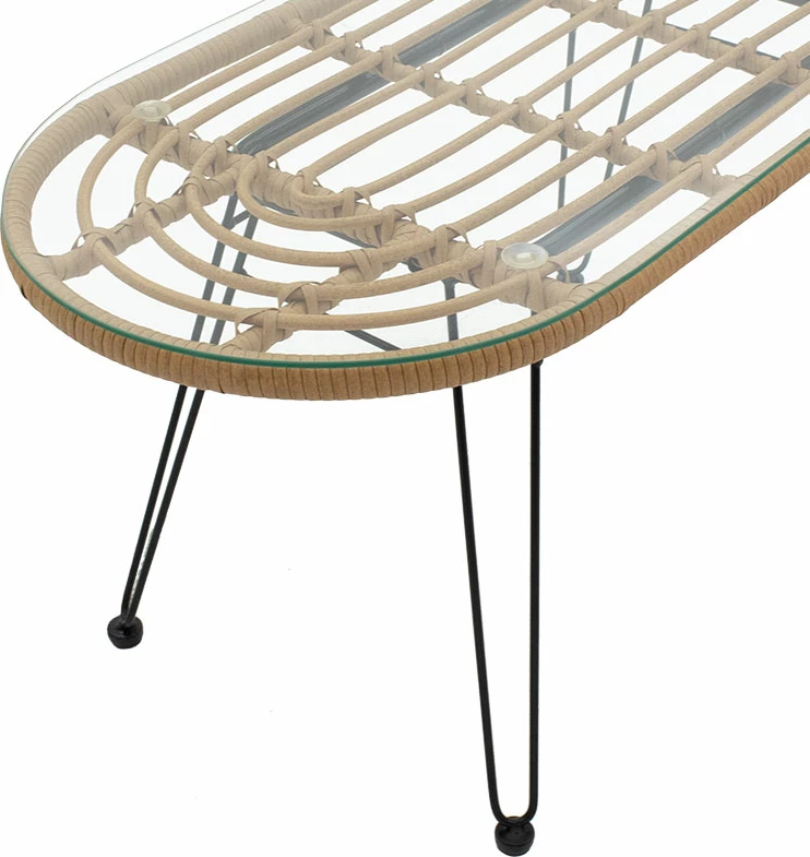 Tavolinë e ulët për kopsht, metal i zi, ratan PE natyral, xham i temperuar, 100x45x46cm