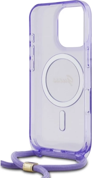 Mbështjellës Guess Crossbody Cord Script MagSafe për iPhone 16 Pro Max, Vjollcë