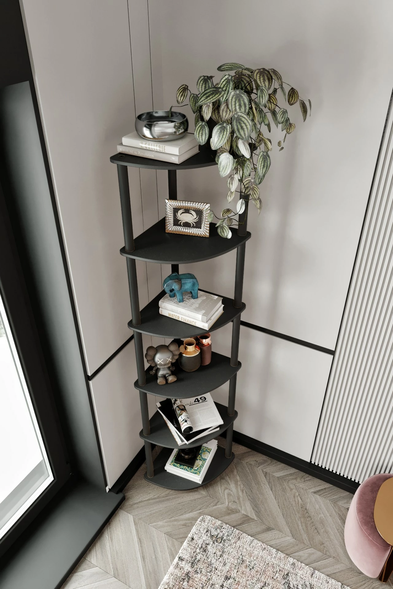 Raft këndi për libra, ngjyrë e zezë, Skye Decor, 6 ndarje