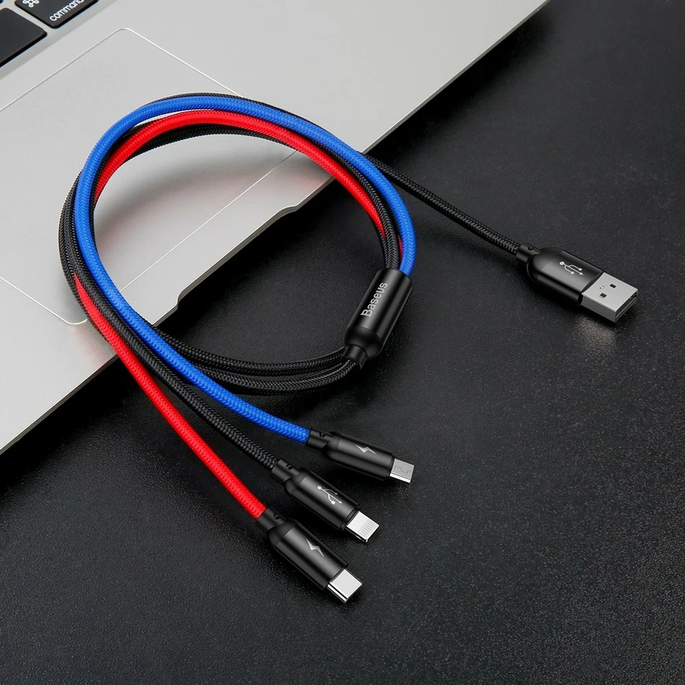 Kabllo 3-në-1 Baseus Three Primary Colors CAMLT-BSY01, 1.2m, USB-A në micro USB/Lightning/USB-C, e zezë/kuqe/kaltër