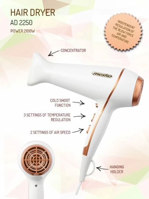 Tharëse flokësh Mesko MS2250 2100W e bardhë/rozë e artë