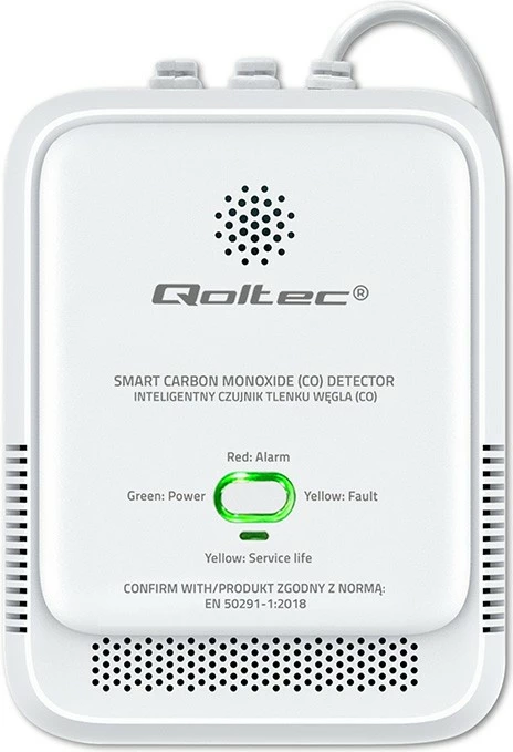 Sensor monoksidi karboni (CO), Qoltec 52576, alarm 85 dB + LED, sensor elektro-kimik, i bardhë