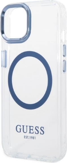 Mbështjellës Guess Metal Outline MagSafe për iPhone 14 Plus/15 Plus, Kaltër/Transparent