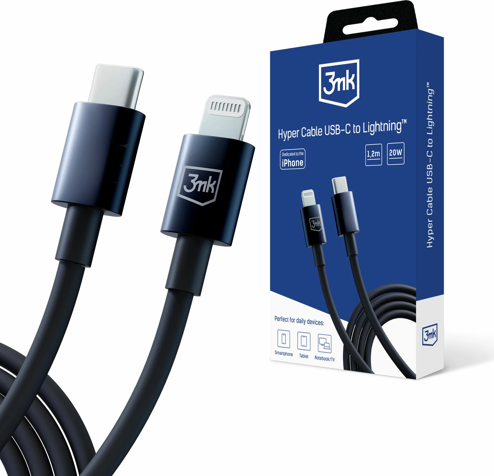 Kabllo USB-C në Lightning 3mk Hyper Cable, 1.2m, 20W, e zezë