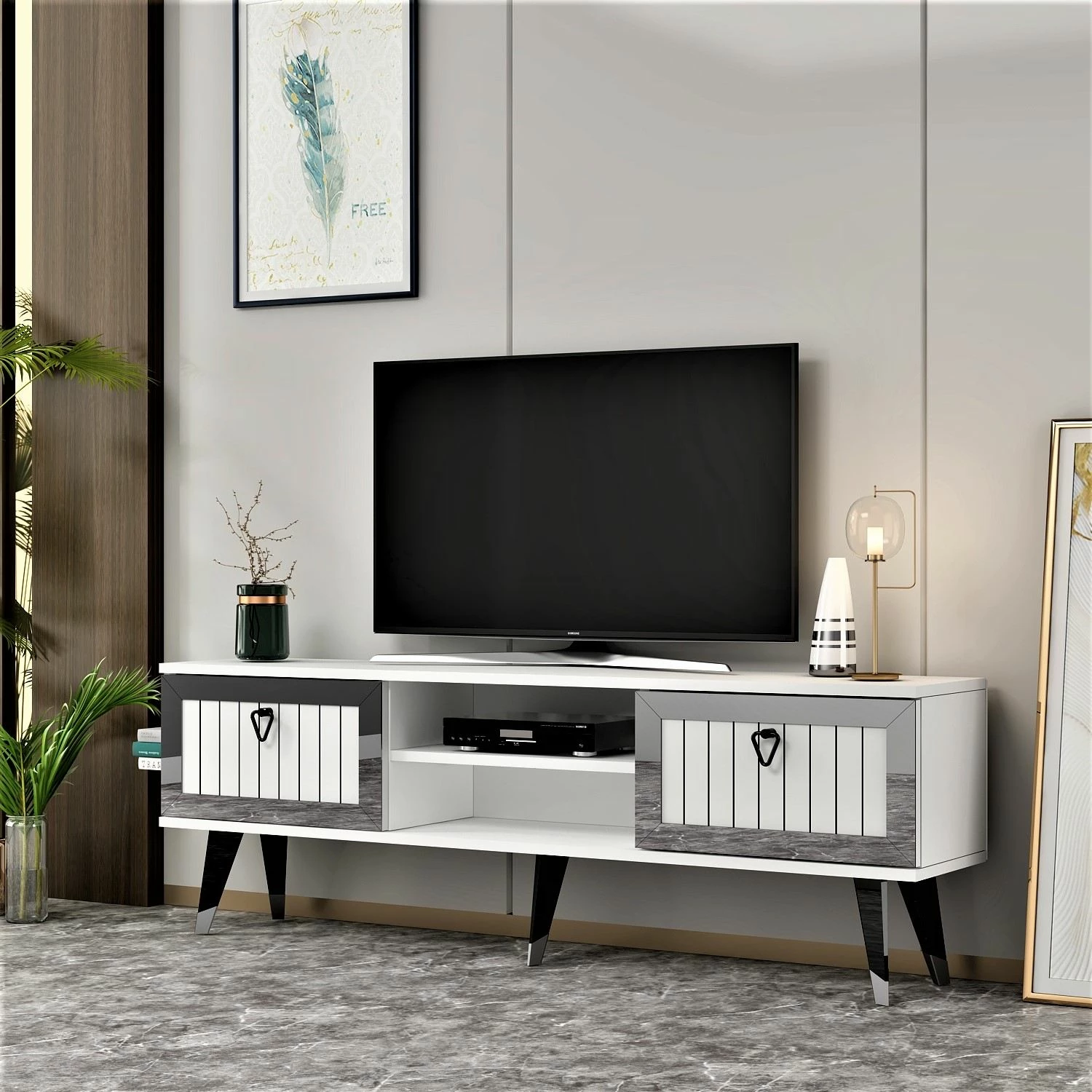 Komodë TV Skye Decor, Lidya, e bardhë, argjend
