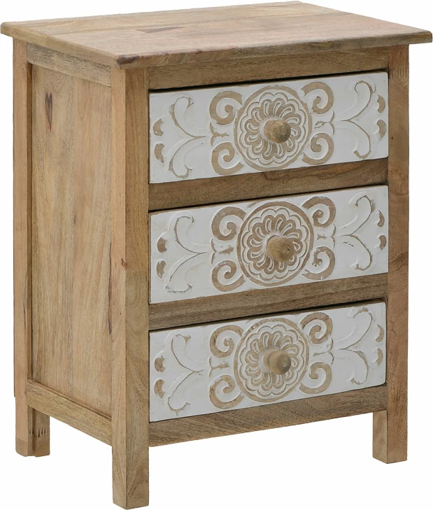 Komodinë e gdhendur prej druri, Inart, 3-50-245-0017, ngjyrë natyrale-bardhë, 49x35x61cm