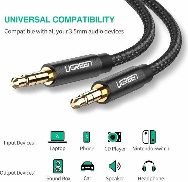 Kabllo audio AUX UGREEN 50361 3.5mm 1m, e zezë, Polybag