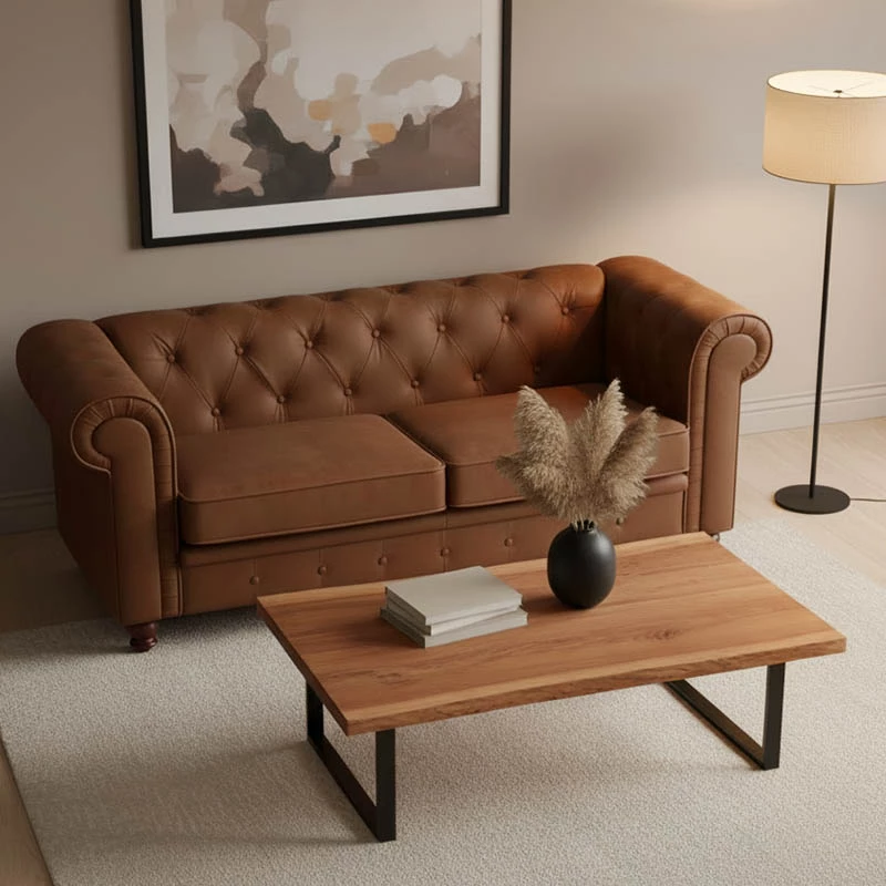 Tavolinë kafeje Miles, dru akacie masiv, trashësi 3.7-4cm, ngjyrë arre, këmbë metalike të zeza, 115x60x45cm