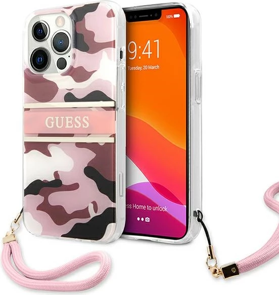 Mbështjellës Guess GUHCP13LKCABPI për iPhone 13/13 Pro 6.1", plastikë e fortë, kamuflazh, me varëse, rozë