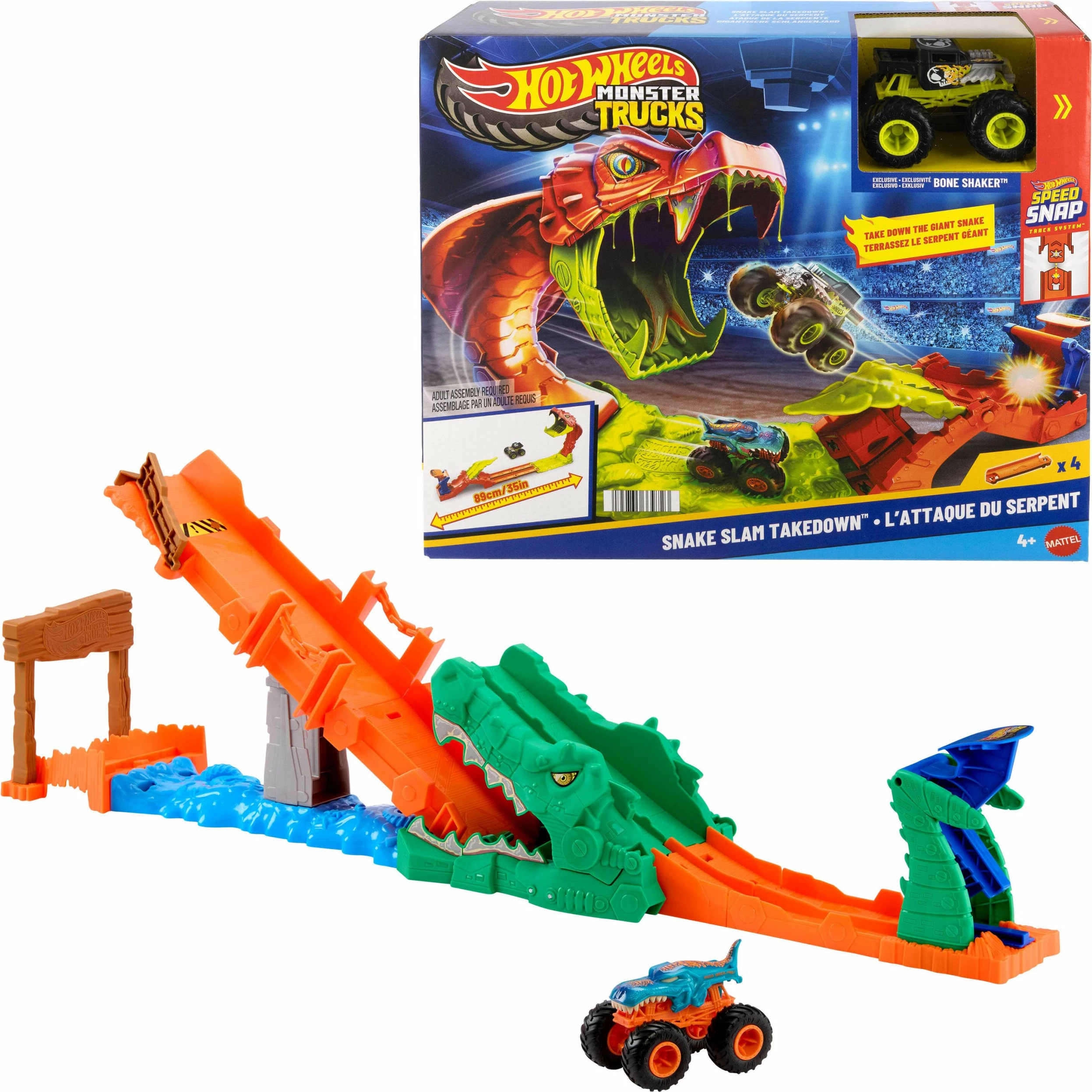 Set pistë makinash Hot Wheels Monster Trucks Rally Challenge JJN45, 1:64, me launcher, 1 makinë Mega-Wrex