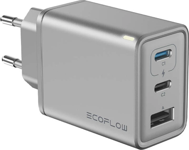 Karikues rrjeti EcoFlow RAPID 65W GaN, 2x USB-C, 1x USB-A, argjendtë-e zezë, me kabllo 1m