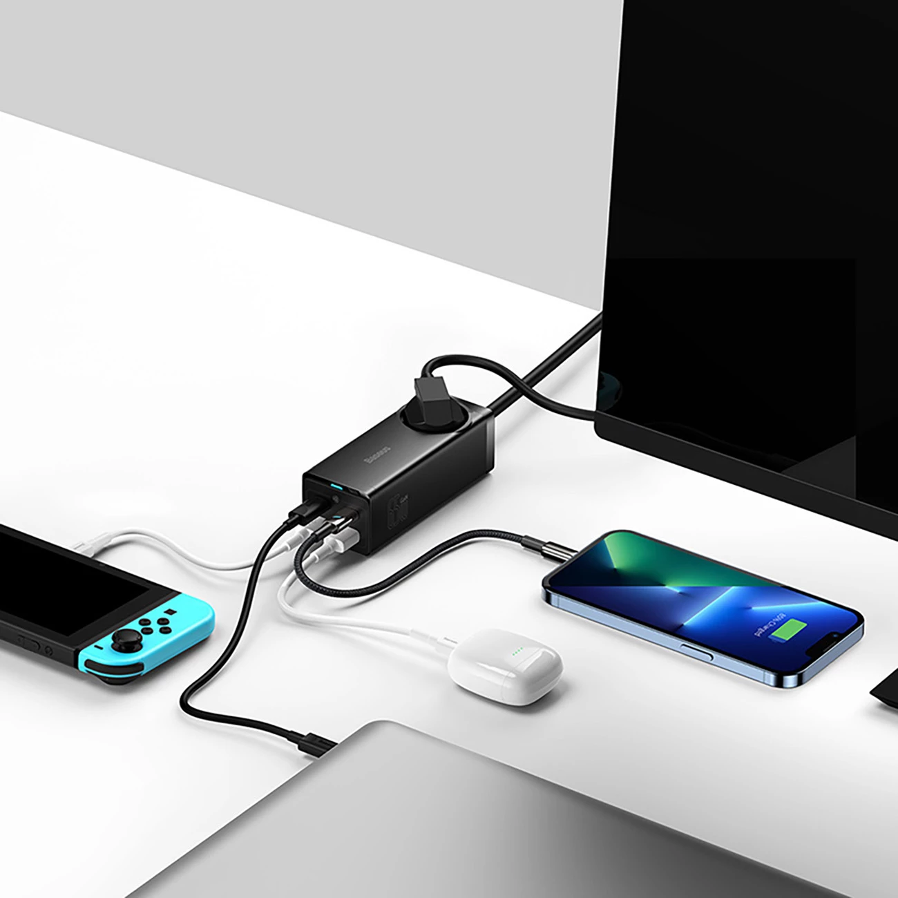 Stacion karikimi Baseus GaN3 Pro 65W EU me 2x USB-C, 2x USB-A dhe kabllo USB-C 100W 1m, Zi