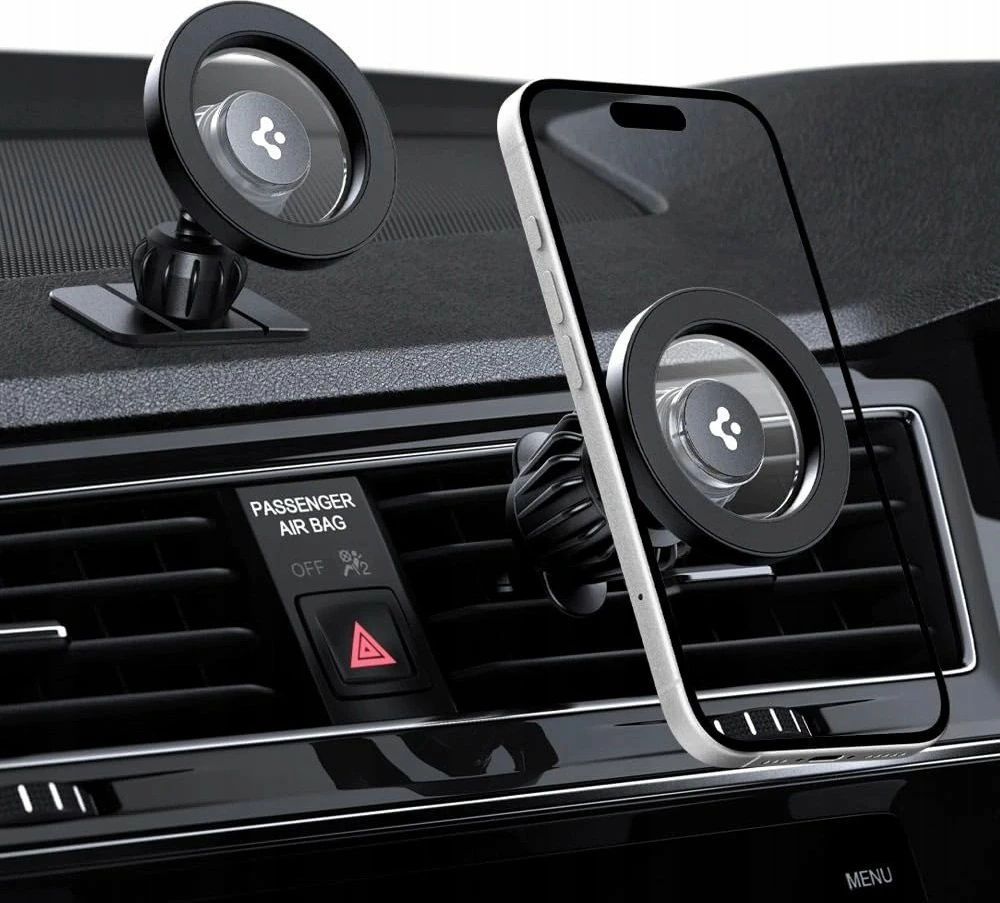 Mbajtës telefoni për veturë Spigen MFT13 MagSafe magnetik 360° montim në ventilim & dashboard, i zi, set me pllakë MagSafe