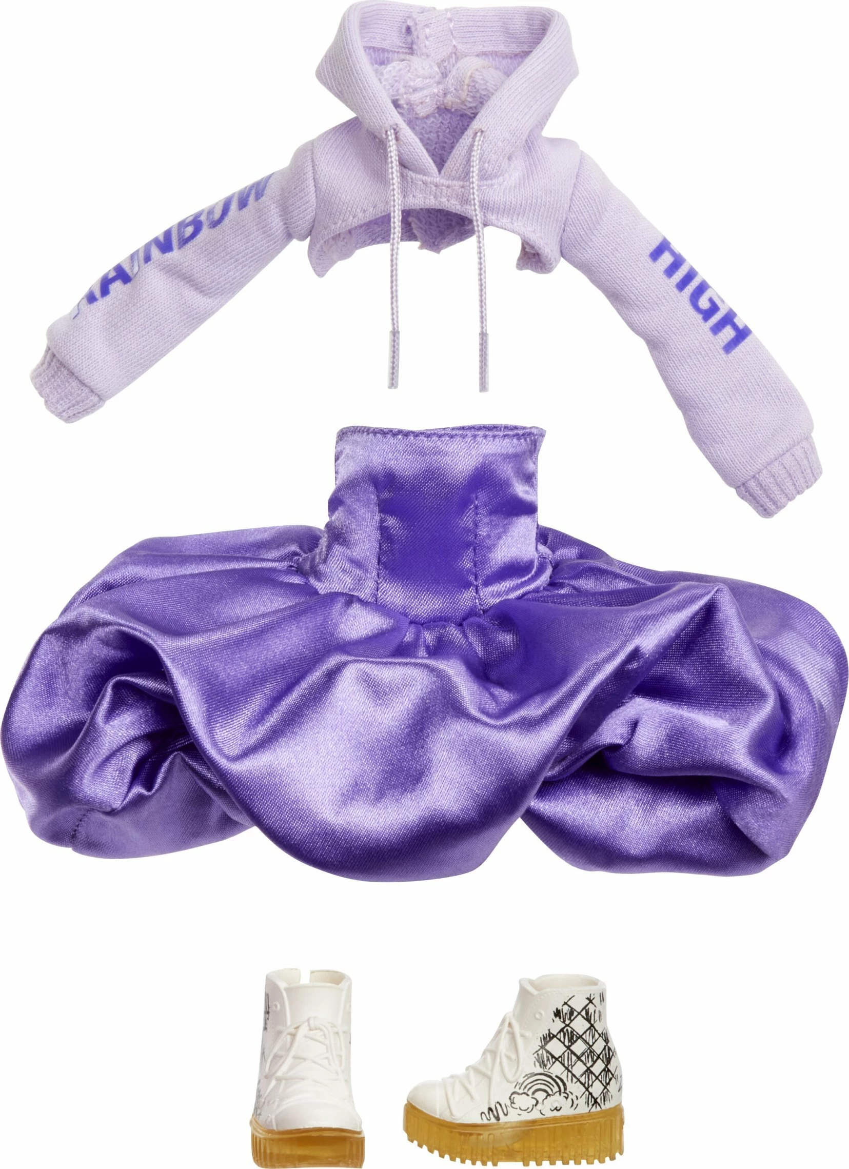 Kukull mode MGA Rainbow High Viola Sparkle & Shine, 28 cm, këmbë me glitter, vjollcë, set me mbajtëse