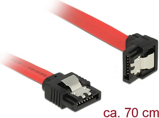 Kabllo SATA DeLOCK 83980, 0.7 m, 7-pin në 7-pin, këndore, e zezë/kuqe