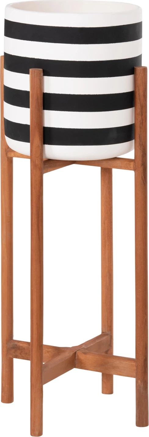 Vazo e brendshme RENTIL, fibër-cement, vija të zeza dhe të bardha, bazë dru tik, 23x60cm