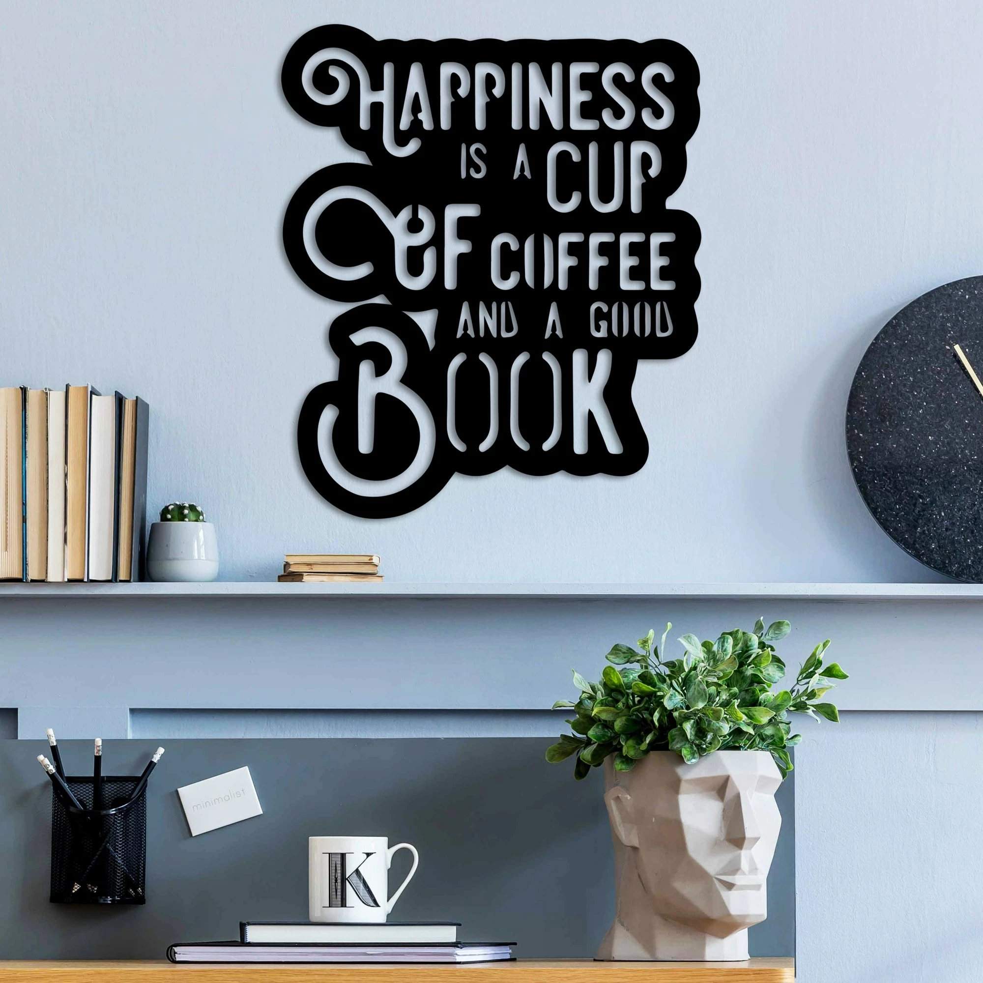 Aksesor dekorativ metalik për mur Wallity, Happiness Coffee, ngjyrë e zezë