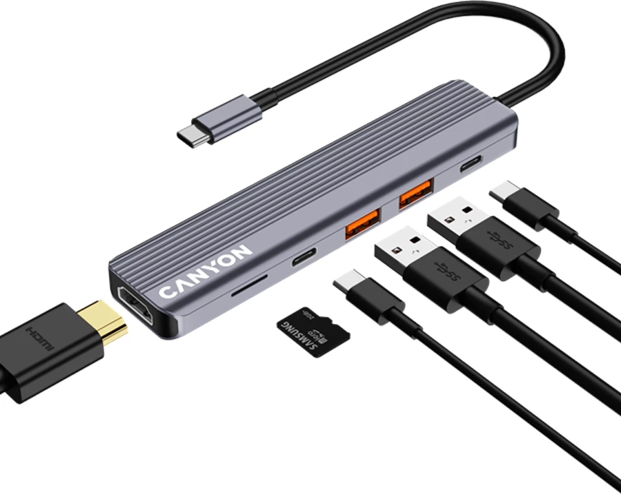 Hub USB-C CANYON DS-17 6n1 4K me Power Delivery, gri