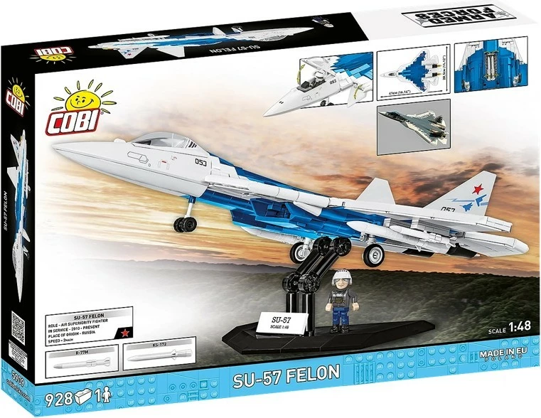 Set blloqe ndërtimi, Cobi, COBI-5909 SU-57 Felon 1:48, 928 copa, me figurë piloti dhe bazë ekspozimi, plastikë, kamuflazh blu-bardhë