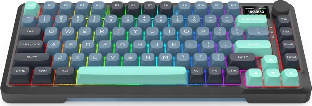 Tastierë mekanike gaming Redragon Behemoth Pro K724GBG-RGB-PRO 75%, RGB, tri-mode (USB-C/2.4G/Bluetooth), hot-swap, Smart Screen, 4000 mAh, gri/turkuaz