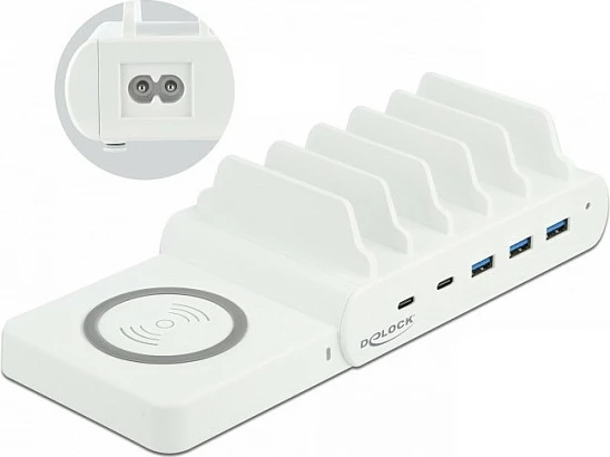 Stacion karikimi DeLOCK USB-C PD 2x + USB-A 3x, 110W, wireless 15W, i bardhë