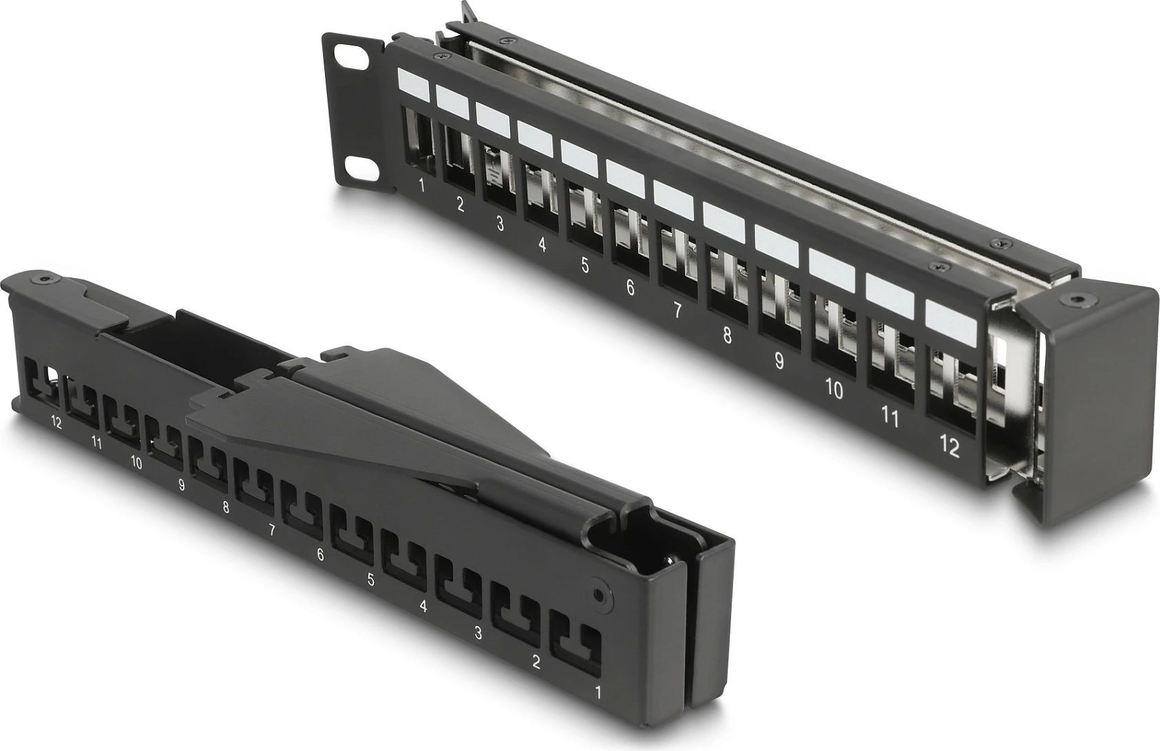 Patch panel DeLOCK 19" Keystone 24 porta, 1U i pjerrët, me strain relief, i zi
